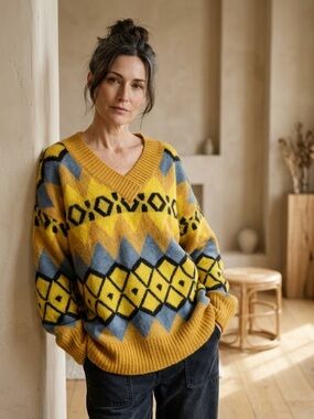 easel Oversized Slouchy V-Neck Geometric Argyle Pattern Wide Ribbed Cuffs & Hem